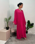 Fareeha Hot Pink V Neck Pleated Abaya Flare Sleeve Dress