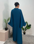 Fareeha Teal V Neck Pleated Abaya Flare Sleeve Dress