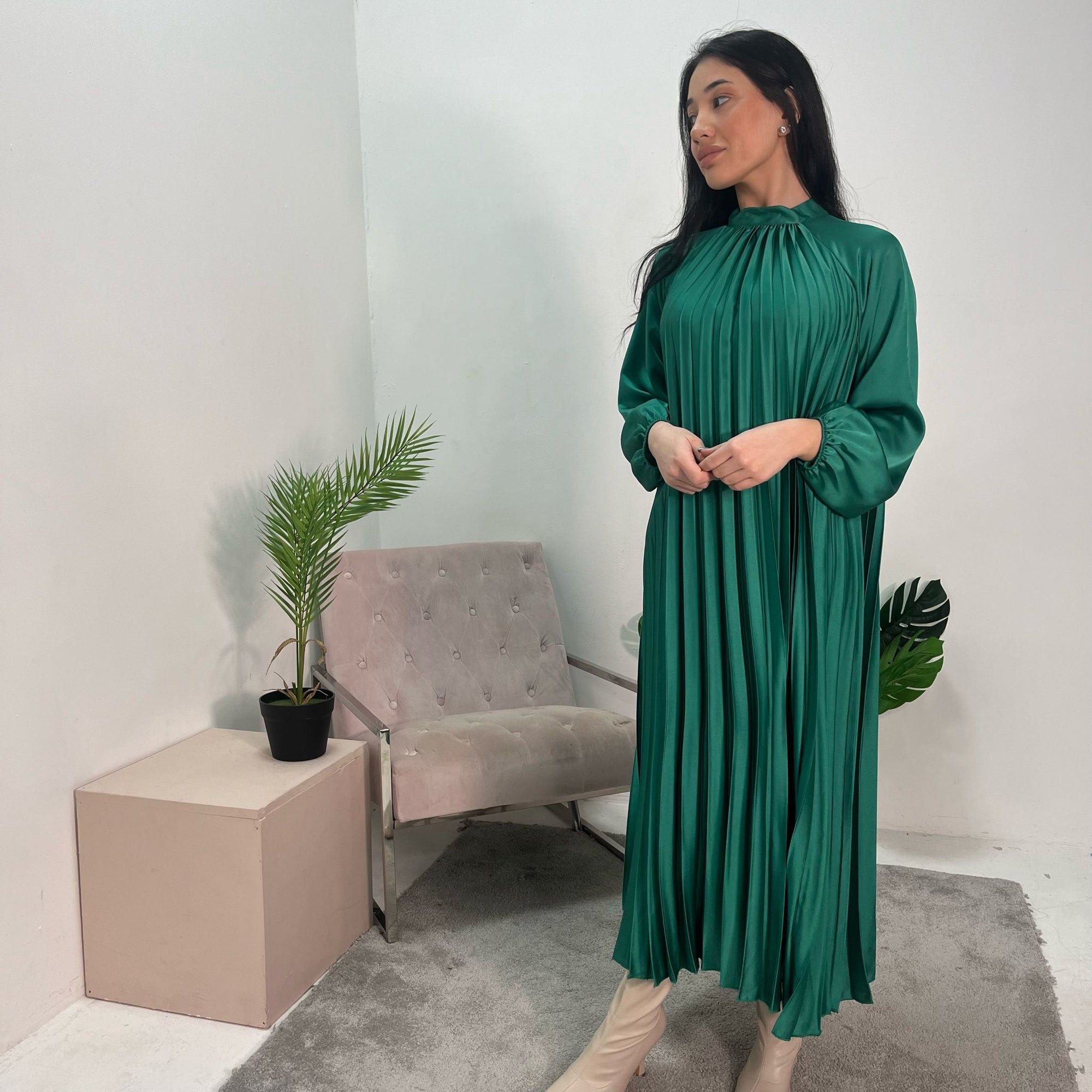 Reha Emerald Green Pleated Long Satin Dress House Of Haniya Reha Emerald Green Pleated Long Satin Dress House Of Haniya