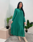 Reha Emerald Green Pleated Long Satin Dress