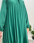 Reha Emerald Green Pleated Long Satin Dress