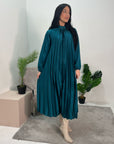 Reha Teal Pleated Long Satin Dress