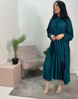 Reha Teal Pleated Long Satin Dress