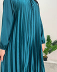 Reha Teal Pleated Long Satin Dress