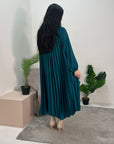 Reha Teal Pleated Long Satin Dress