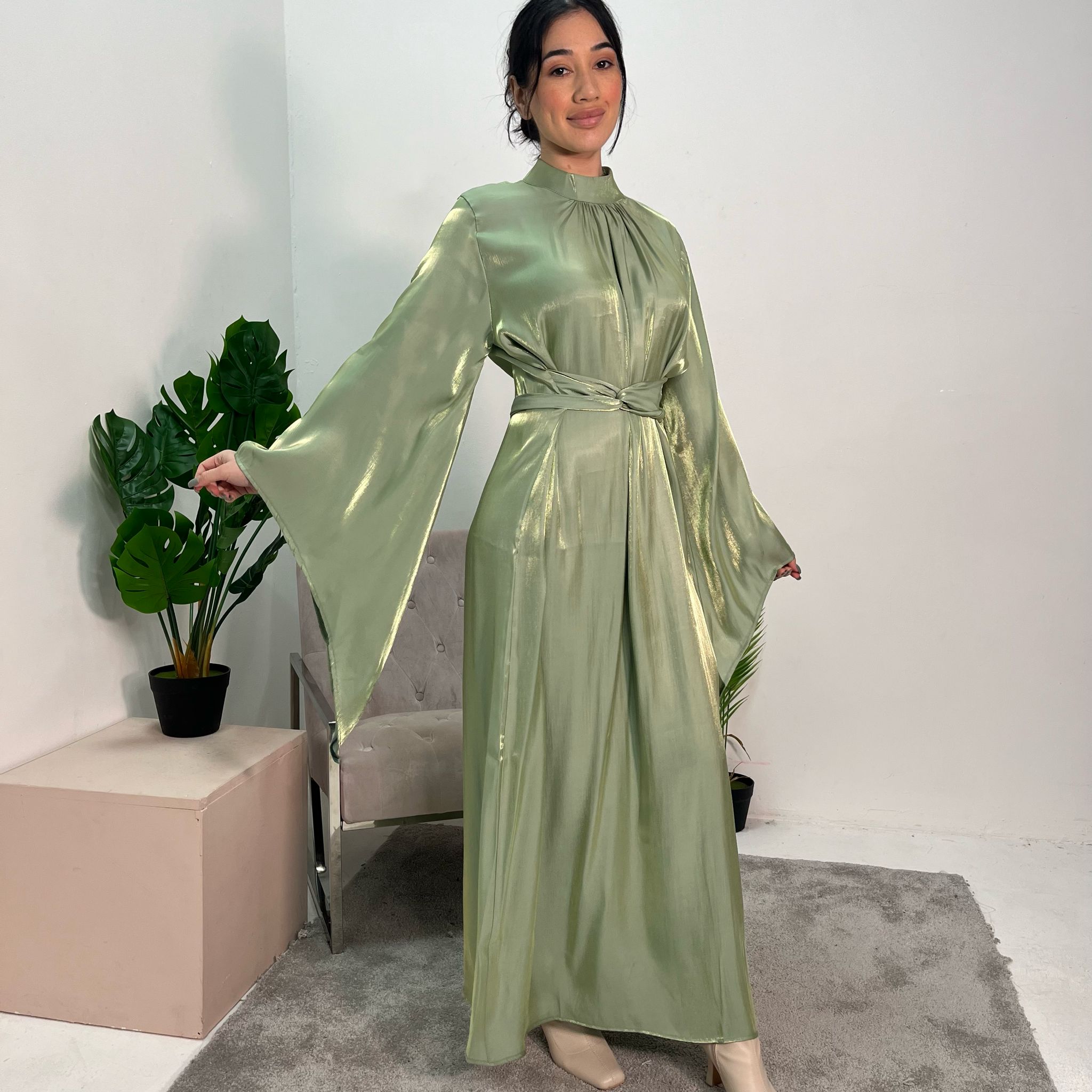 Flared House Robe Huda Gold Flared Sleeve Shimmer Belted Dress – House Of Haniya