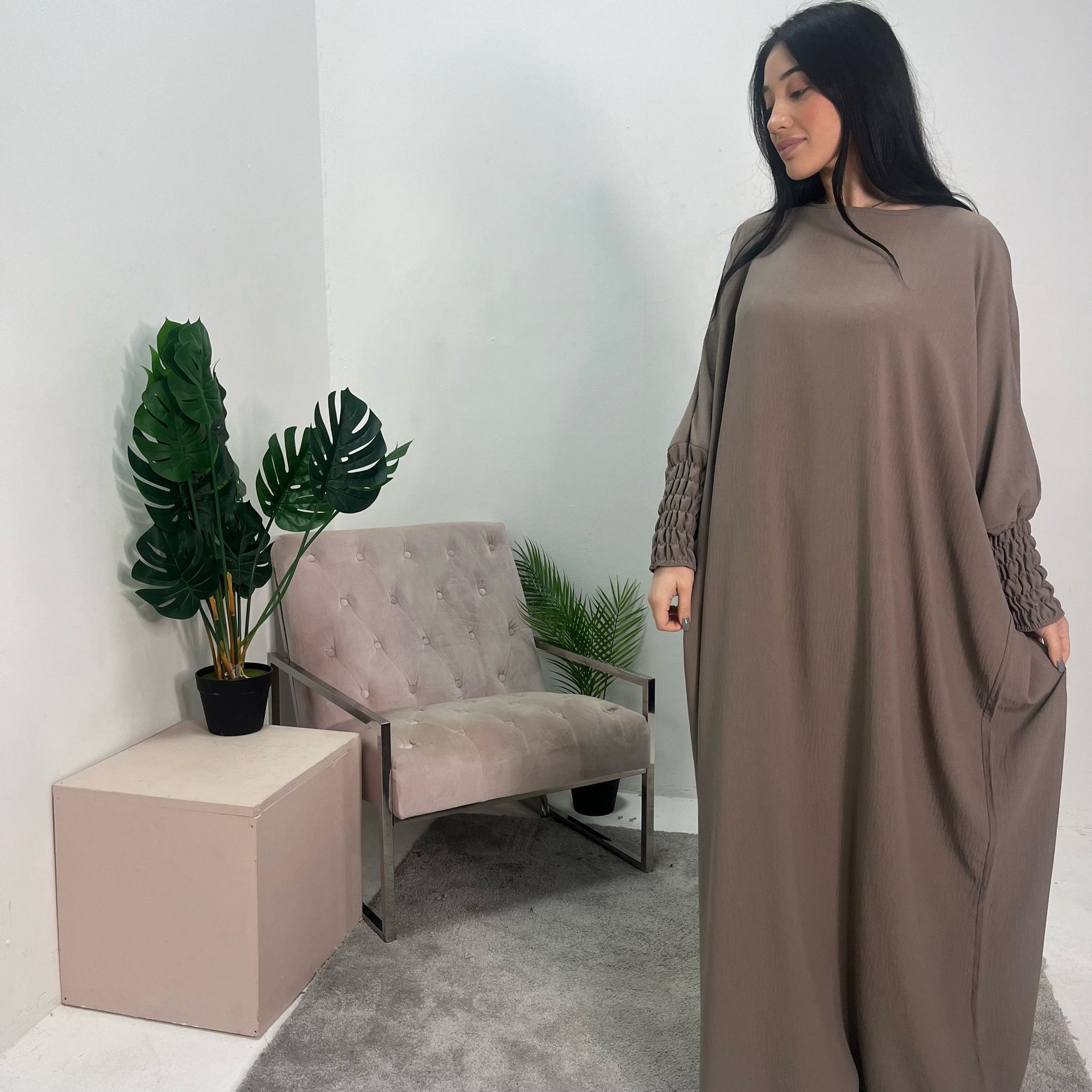 Sehrish Mocha Plain Elasticated Cuff Oversized Dress