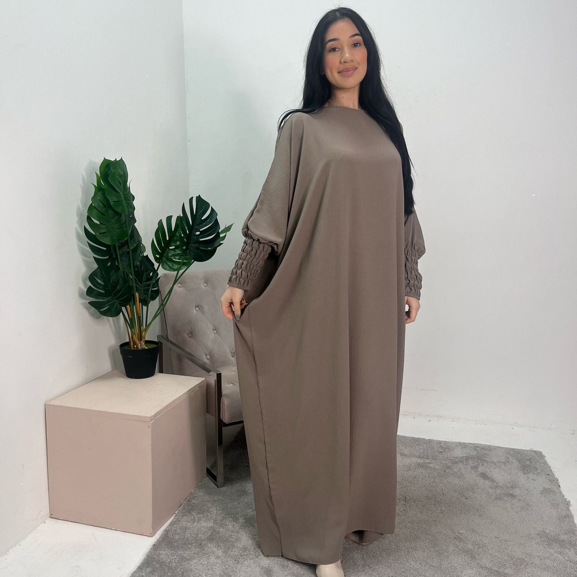 Sehrish Mocha Plain Elasticated Cuff Oversized Dress