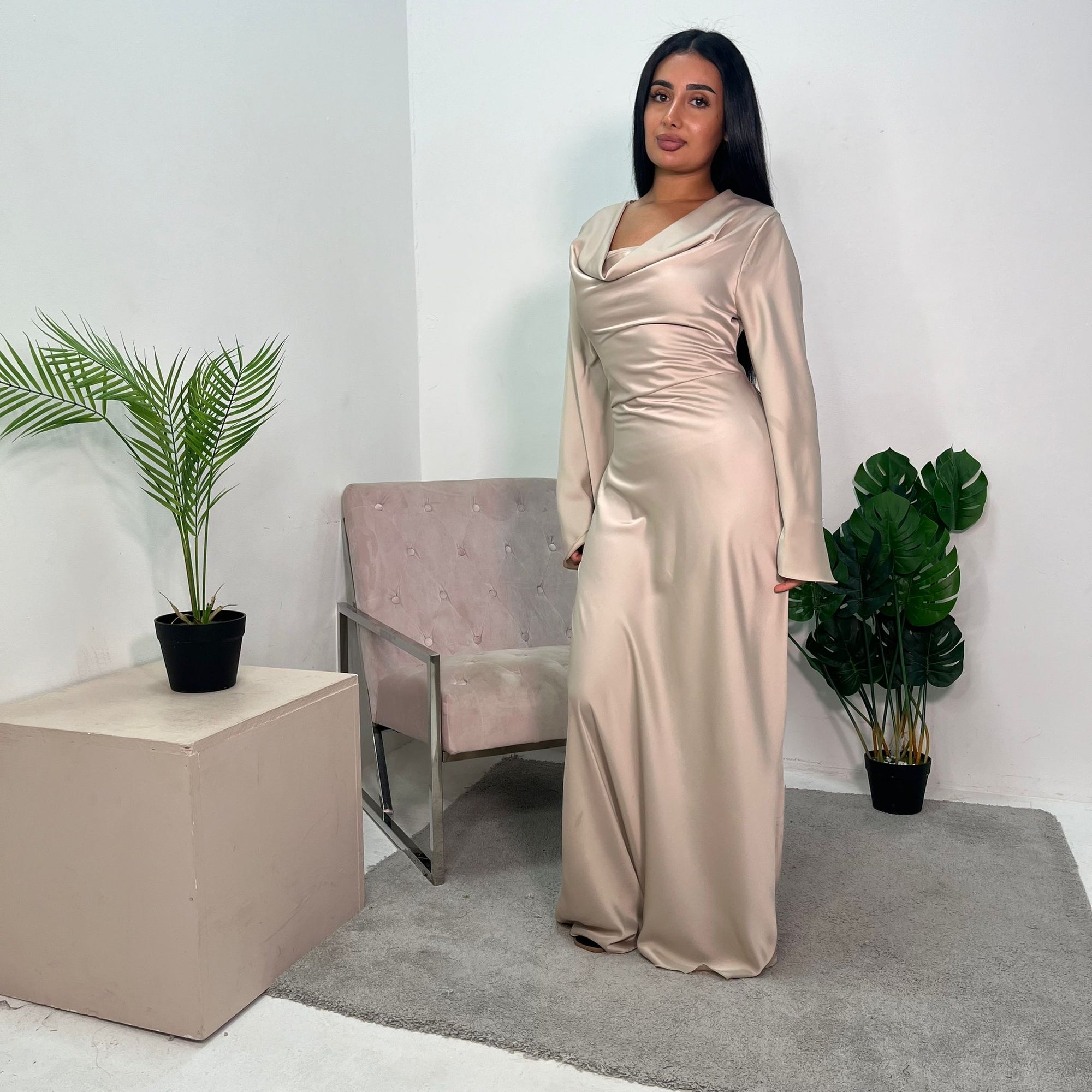 Aurora Beige Cowl Neck Satin Tie Back Dress