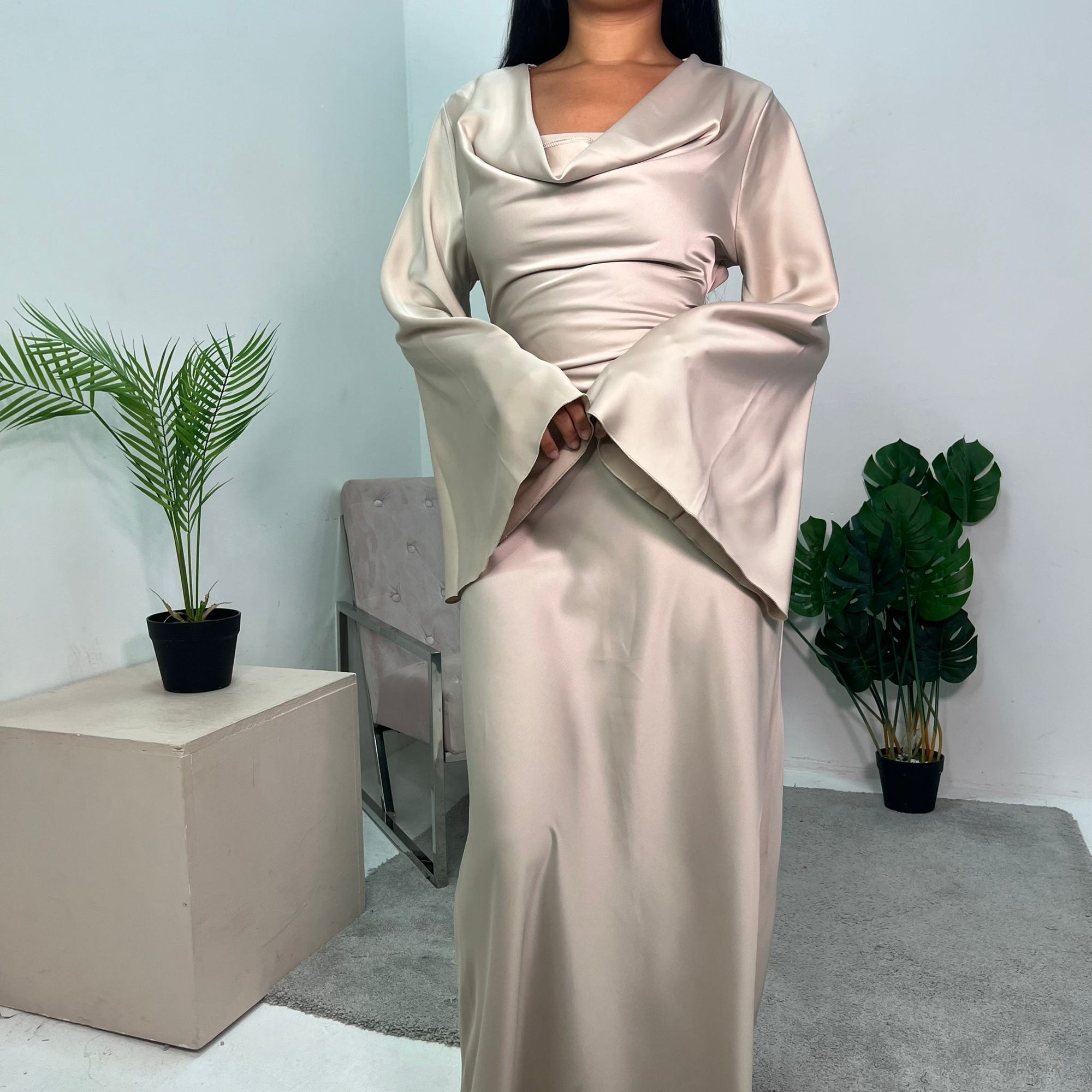 Aurora Beige Cowl Neck Satin Tie Back Dress House Of Haniya Aurora Beige Cowl Neck Satin Tie Back Dress House Of Haniya