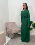 Disha Emerald Green Summer Linen V-Neck Tie Dress