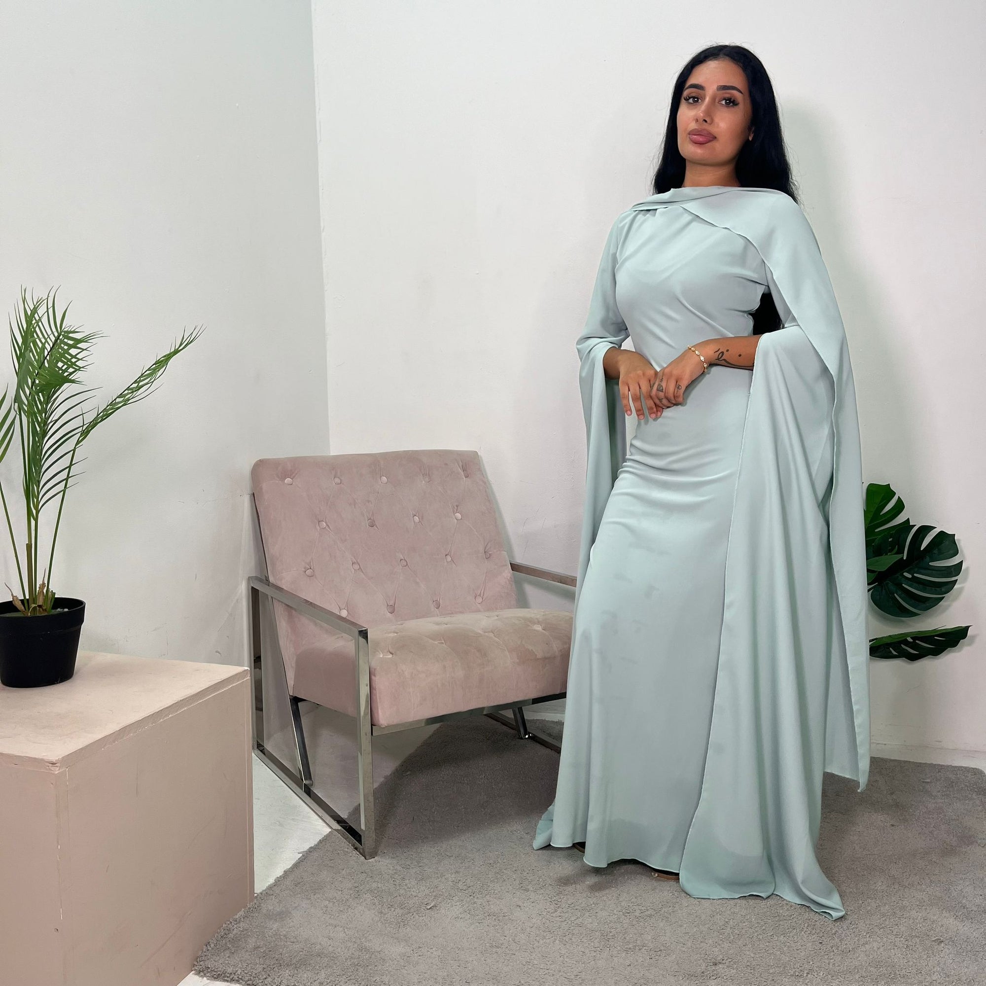Zairia Mint Elegant Long Cape Sleeve Dress House Of Haniya Zairia Mint Elegant Long Cape Sleeve Dress House Of Haniya