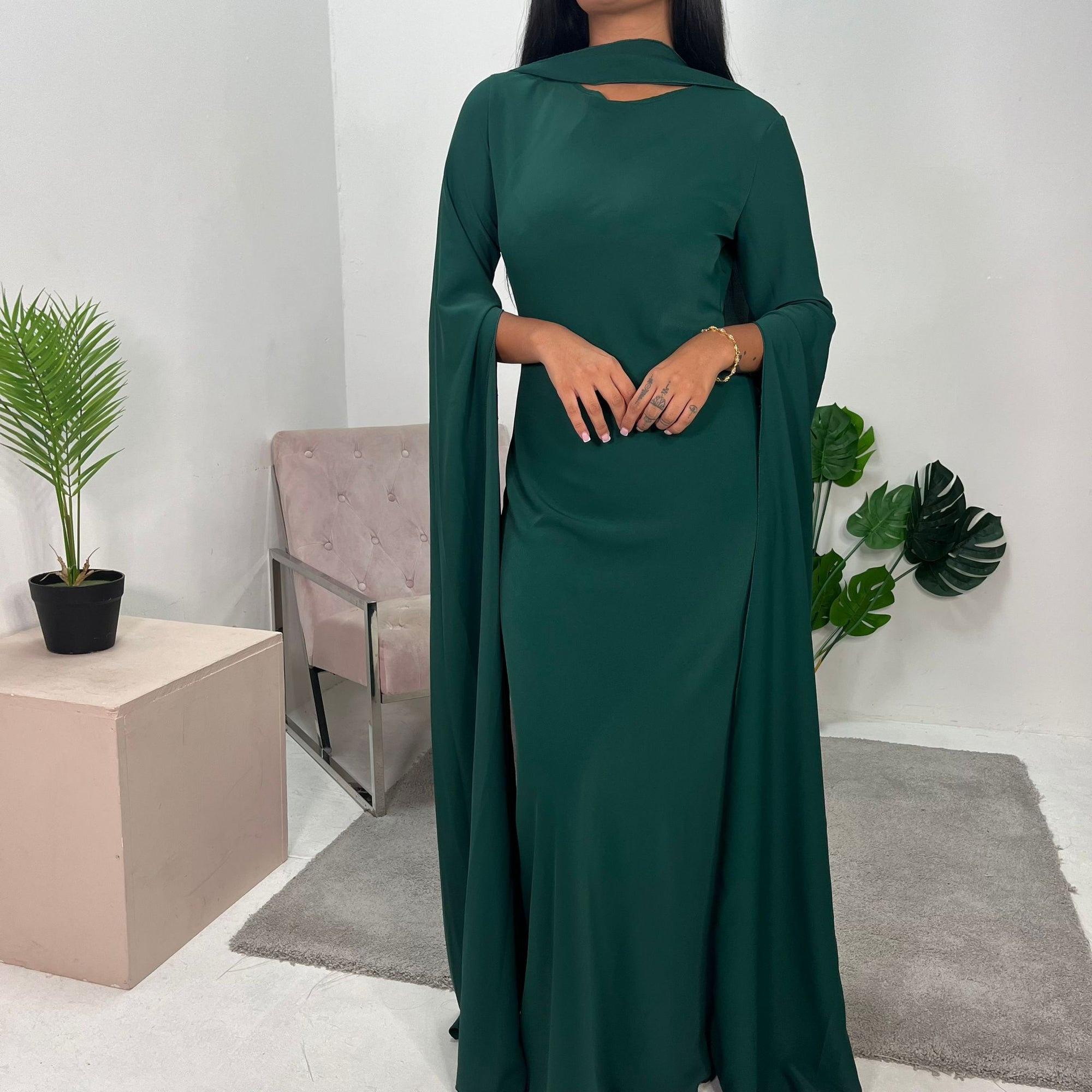 Zairia Emerald Green Elegant Long Cape Sleeve Dress House Of Haniya Zairia Emerald Green Elegant Long Cape Sleeve Dress House Of Haniya