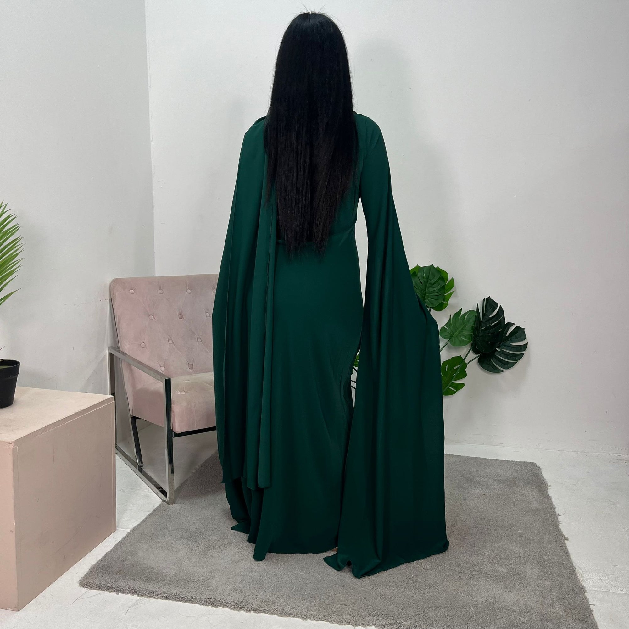 Zairia Emerald Green Elegant Long Cape Sleeve Dress House Of Haniya Zairia Emerald Green Elegant Long Cape Sleeve Dress House Of Haniya