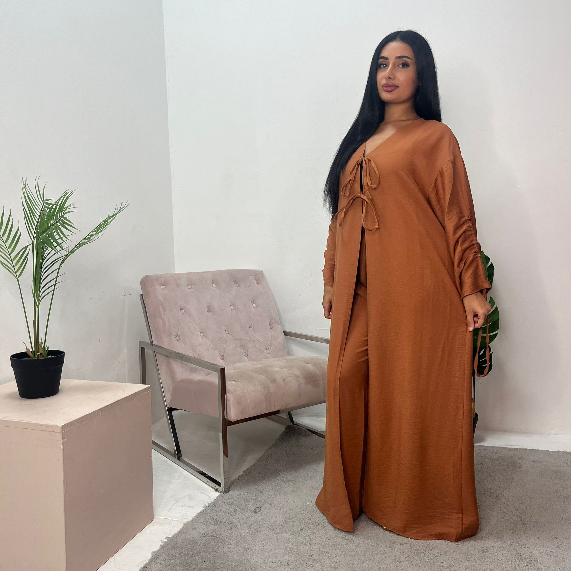 Navia Brown Tie Abaya Trouser Co Ord Set