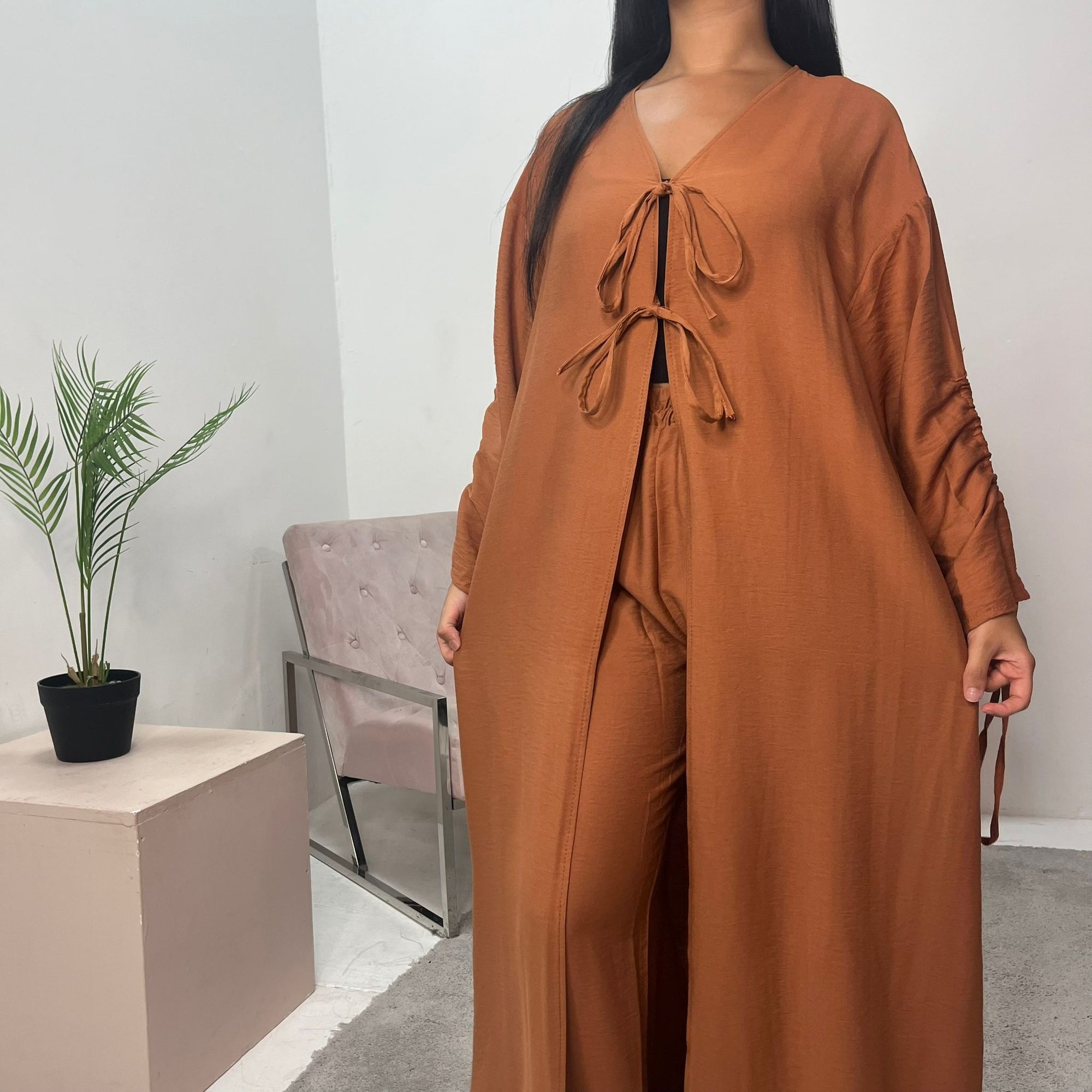 Navia Brown Tie Abaya Trouser Co Ord Set