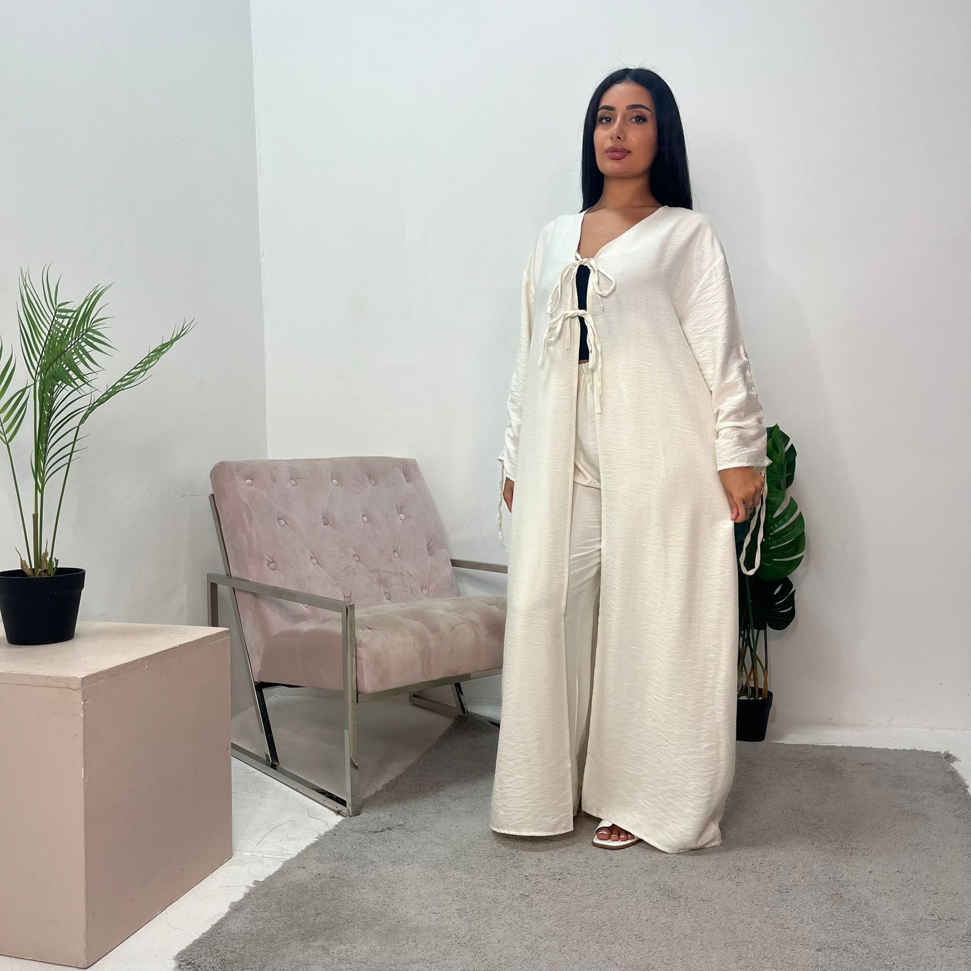 Navia Cream Tie Abaya Trouser Co Ord Set