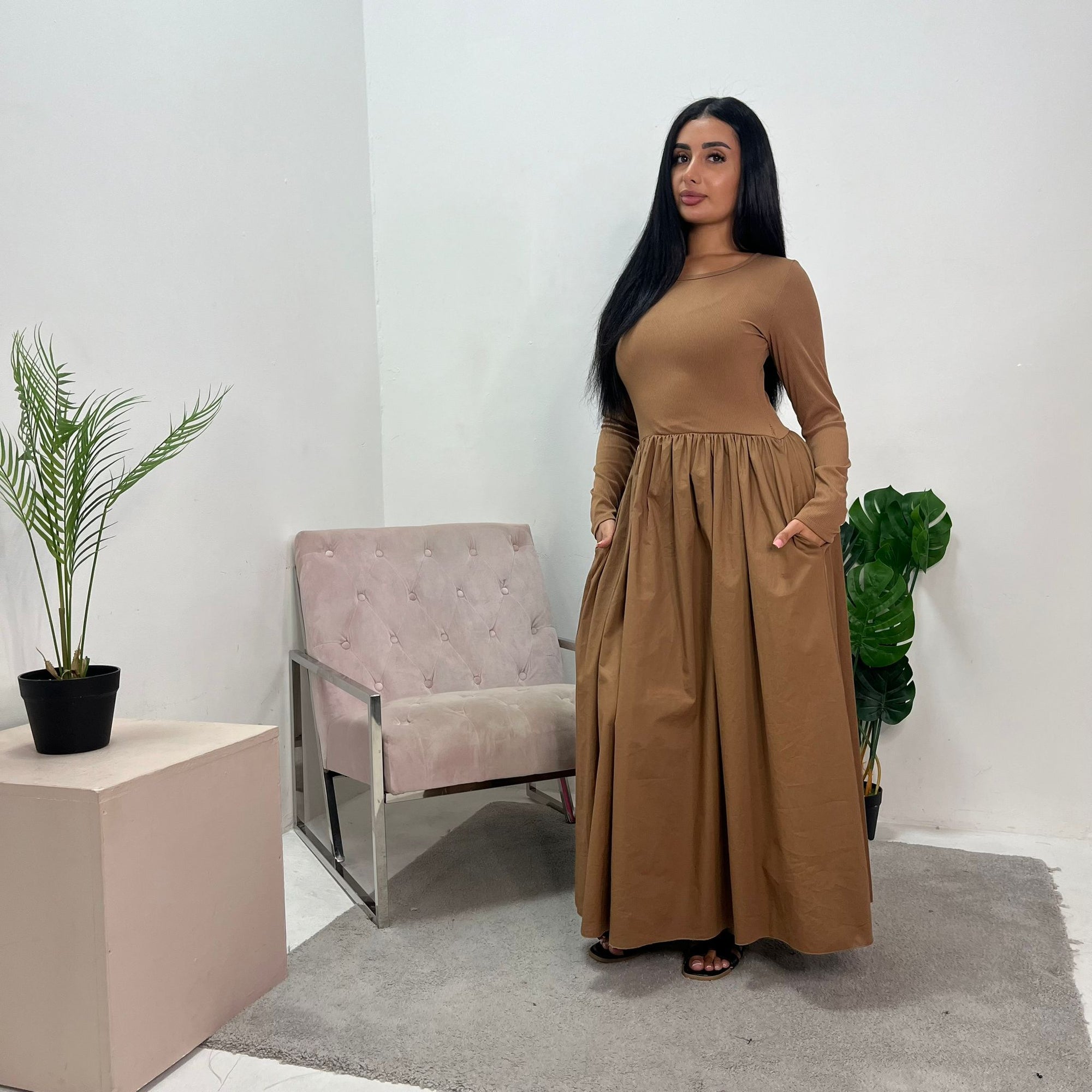 Nora Camel Flared Long Sleeve Ribbed Top Dress House Of Haniya Nora Camel Flared Long Sleeve Ribbed Top Dress House Of Haniya