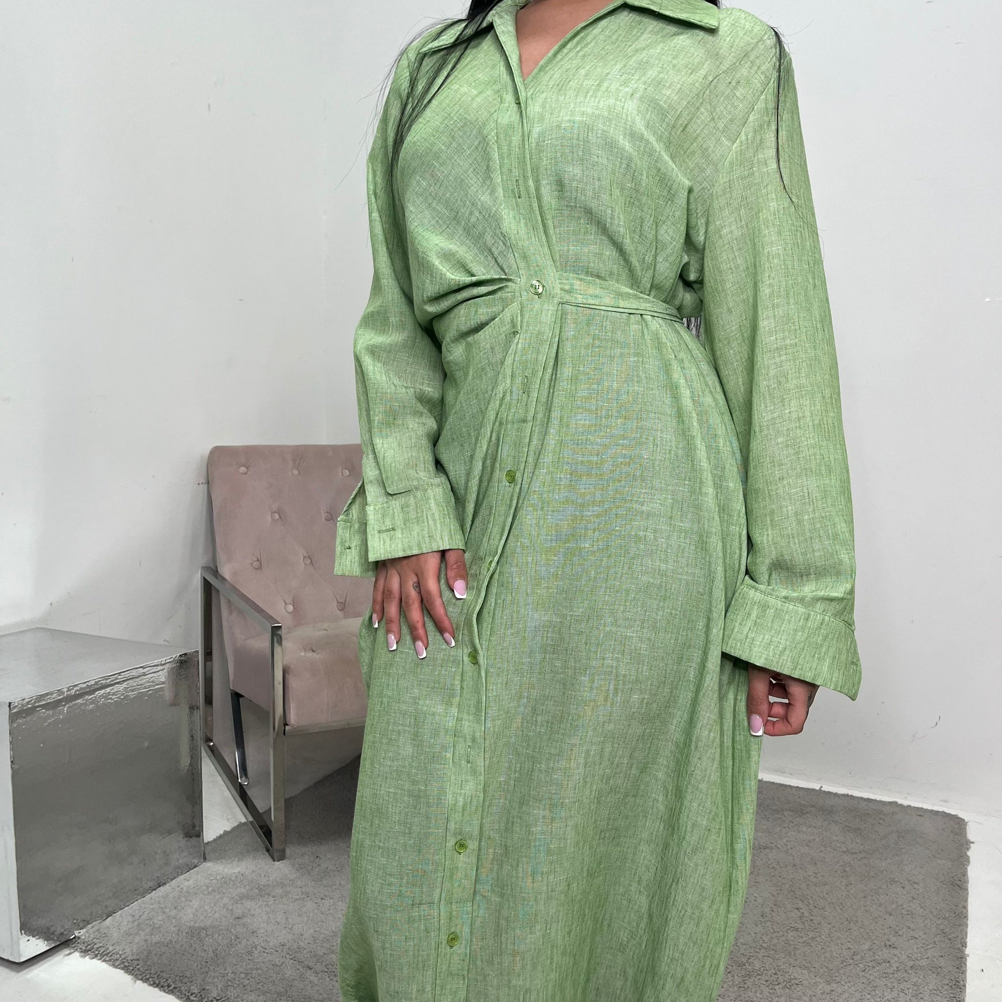 Faska Lime Green Summer Long Shirt Dress with Side Tie in Linen House Of Haniya Faska Lime Green Summer Long Shirt Dress with Side Tie in Linen House Of Haniya