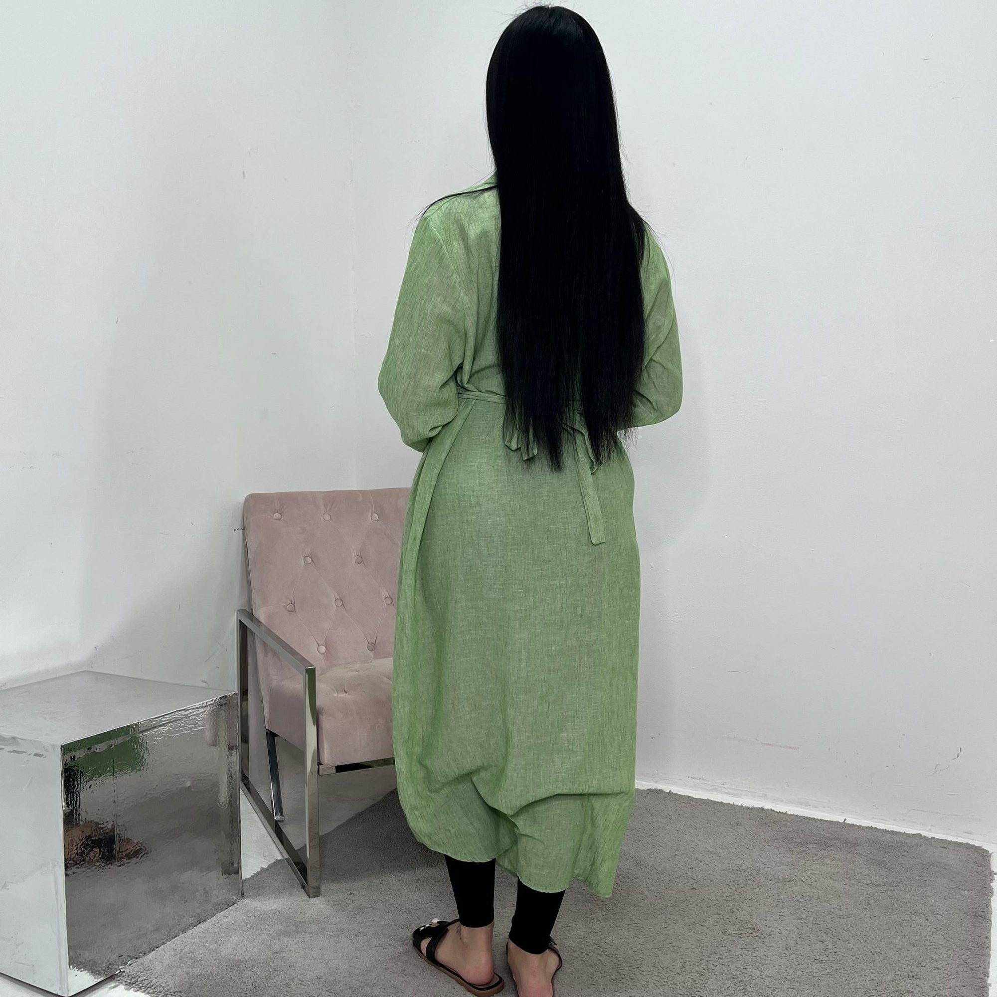 Faska Lime Green Summer Long Shirt Dress with Side Tie in Linen House Of Haniya Faska Lime Green Summer Long Shirt Dress with Side Tie in Linen House Of Haniya