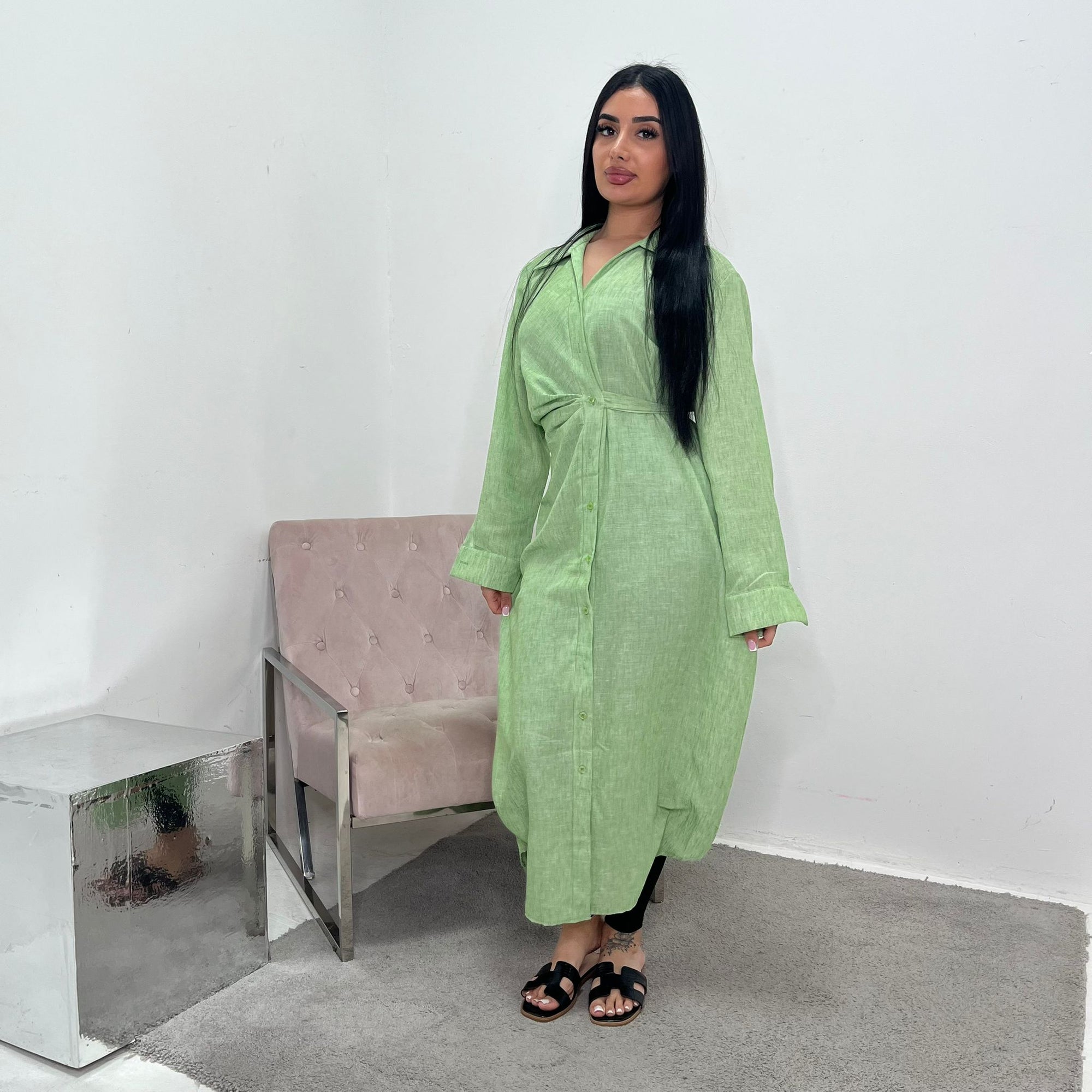 Faska Lime Green Summer Long Shirt Dress with Side Tie in Linen House Of Haniya Faska Lime Green Summer Long Shirt Dress with Side Tie in Linen House Of Haniya