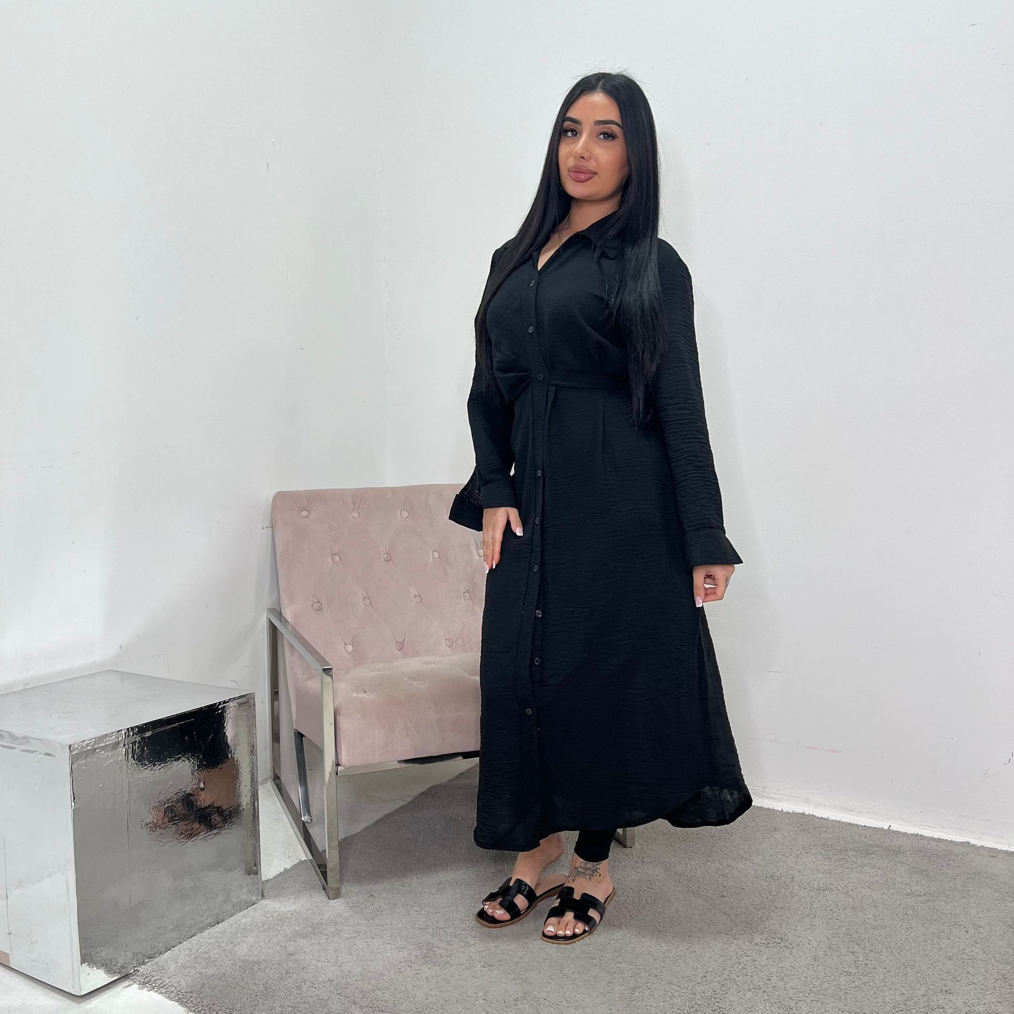 Faska Black Summer Long Shirt Dress with Side Tie in Linen