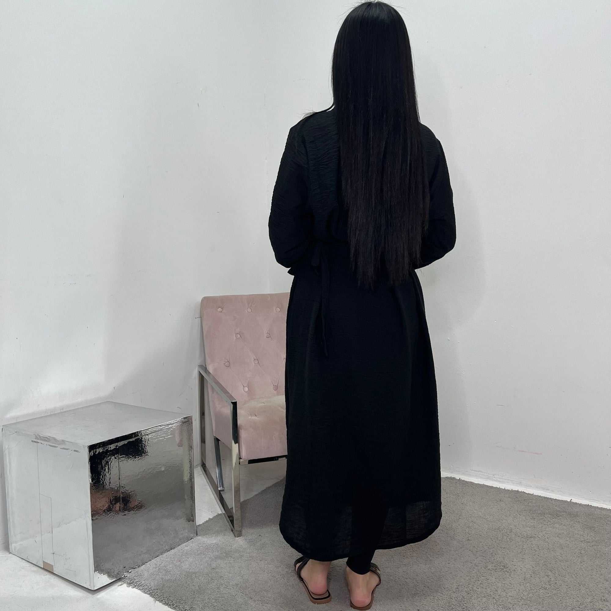 Faska Black Summer Long Shirt Dress with Side Tie in Linen