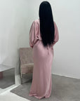 Una Pink Satin Tie Back Frill Sleeve Modest Dress