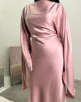 Una Pink Satin Tie Back Frill Sleeve Modest Dress