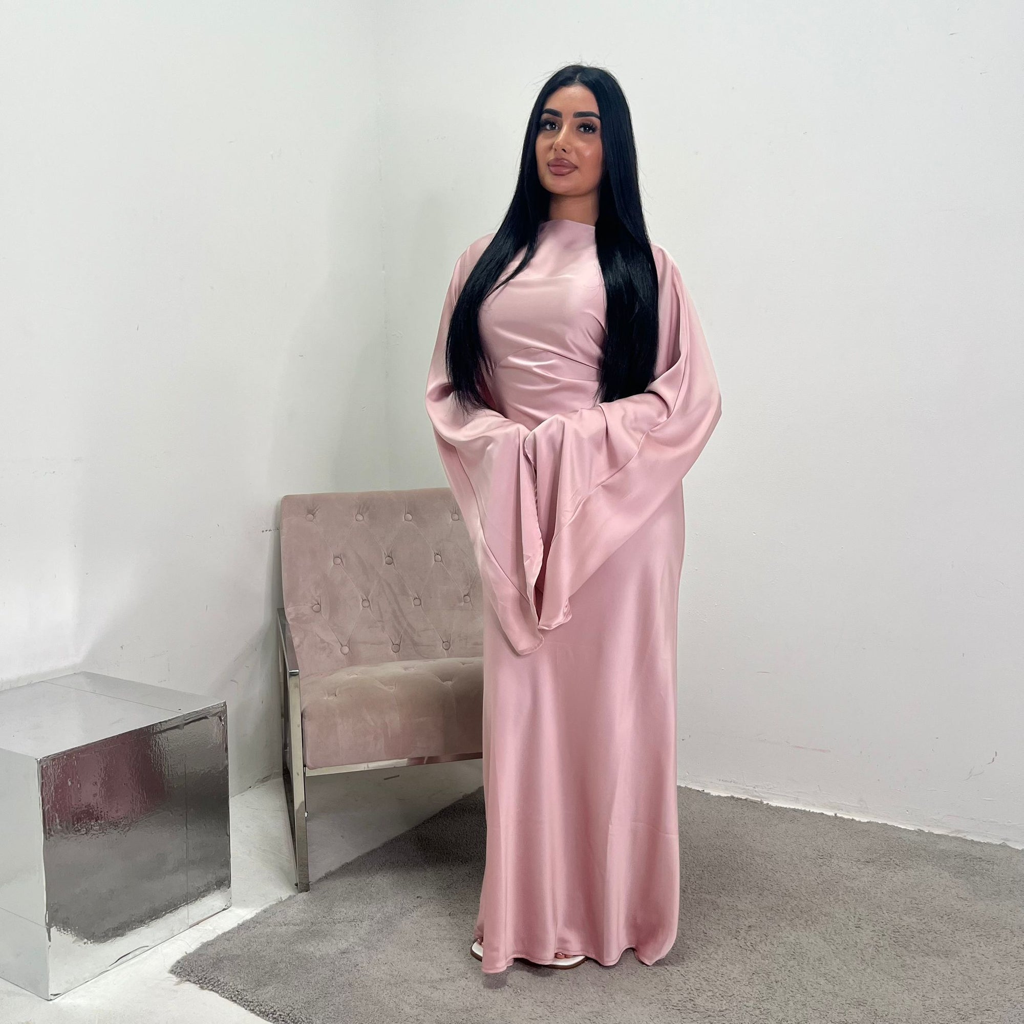 pink modest dress with sleeves Dusty Rose Cheap Modest Mother of the Bride Dresses Long Sleeves Prom Dresses APD3501