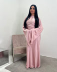Una Pink Satin Tie Back Frill Sleeve Modest Dress