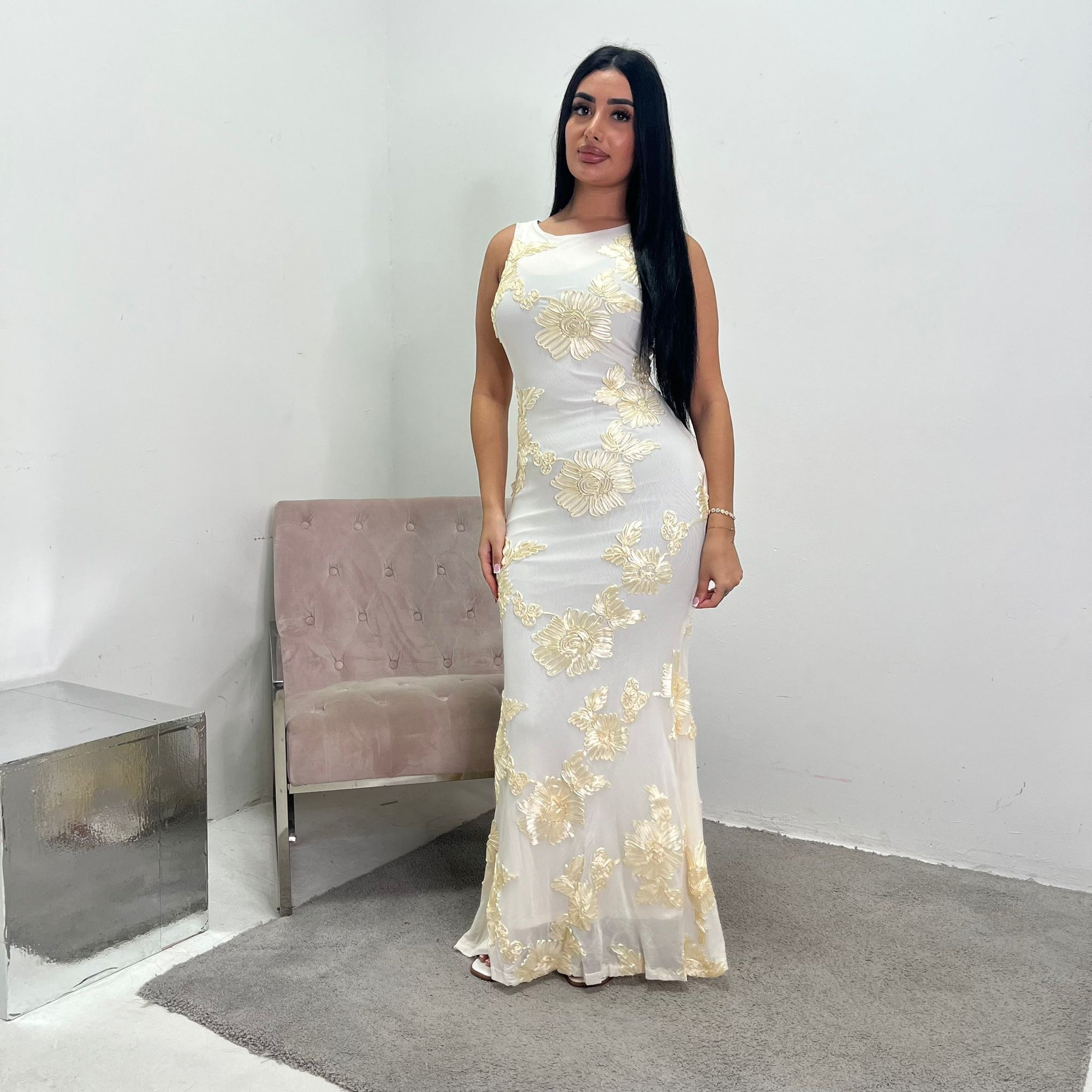 Inai Cream Sleeveless Elegant Summer Floral Lined Modest Dress With Fl House Of Haniya Inai Cream Sleeveless Elegant Summer Floral Lined Modest Dress With Fl House Of Haniya