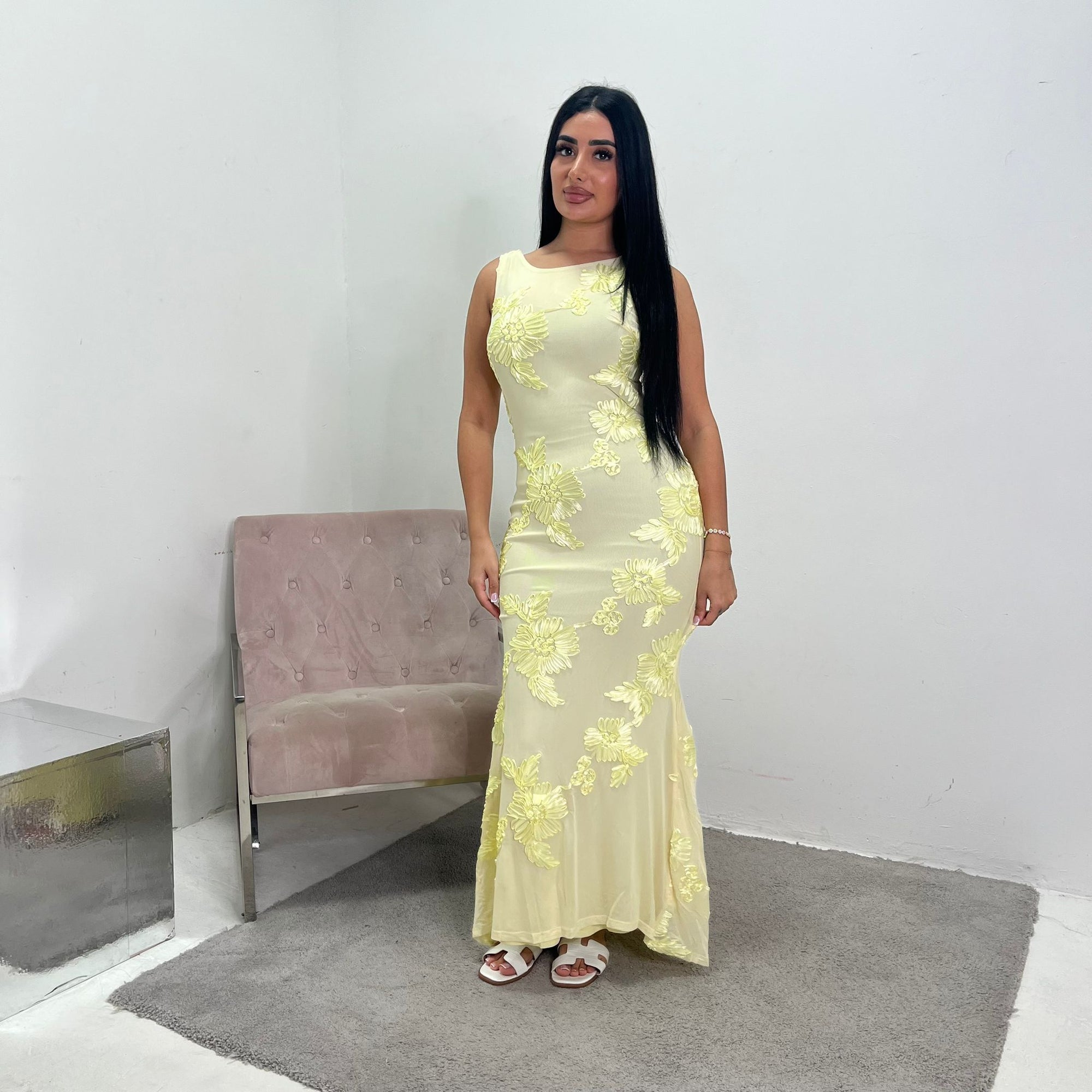 Inai Yellow Sleeveless Elegant Summer Floral Lined Modest Dress With F House Of Haniya Inai Yellow Sleeveless Elegant Summer Floral Lined Modest Dress With F House Of Haniya