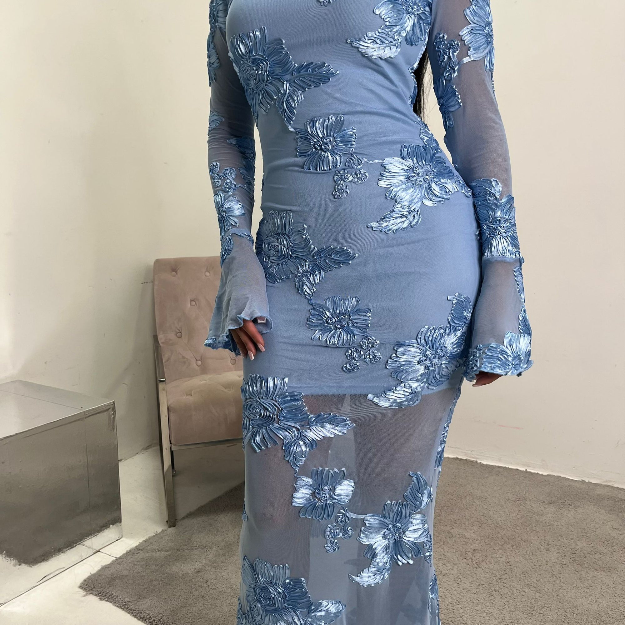 Hari Sky Blue Elegant Summer Floral Lined Modest Dress Flare Sleeve House Of Haniya Hari Sky Blue Elegant Summer Floral Lined Modest Dress Flare Sleeve House Of Haniya