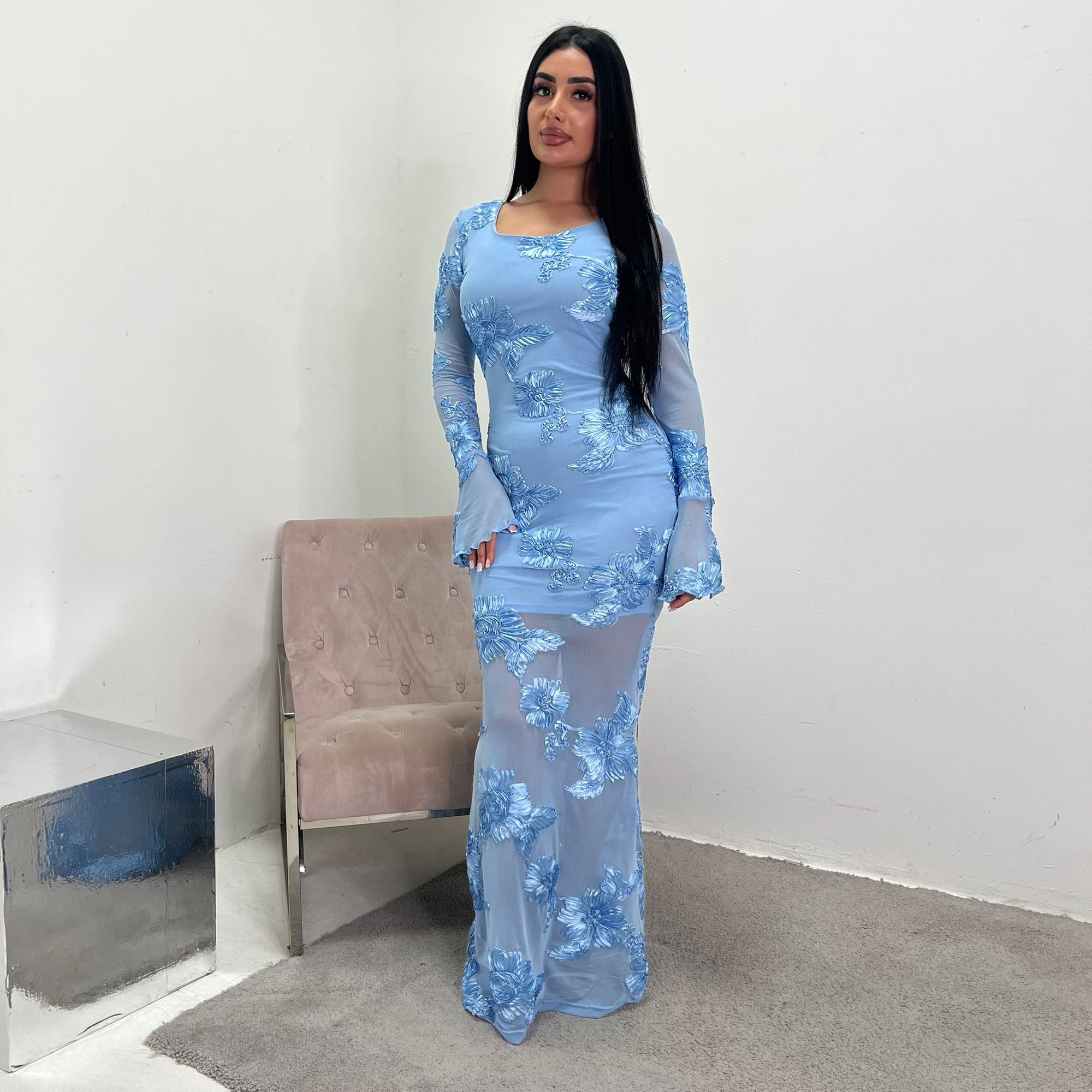 Hari Sky Blue Elegant Summer Floral Lined Modest Dress Flare Sleeve House Of Haniya Hari Sky Blue Elegant Summer Floral Lined Modest Dress Flare Sleeve House Of Haniya
