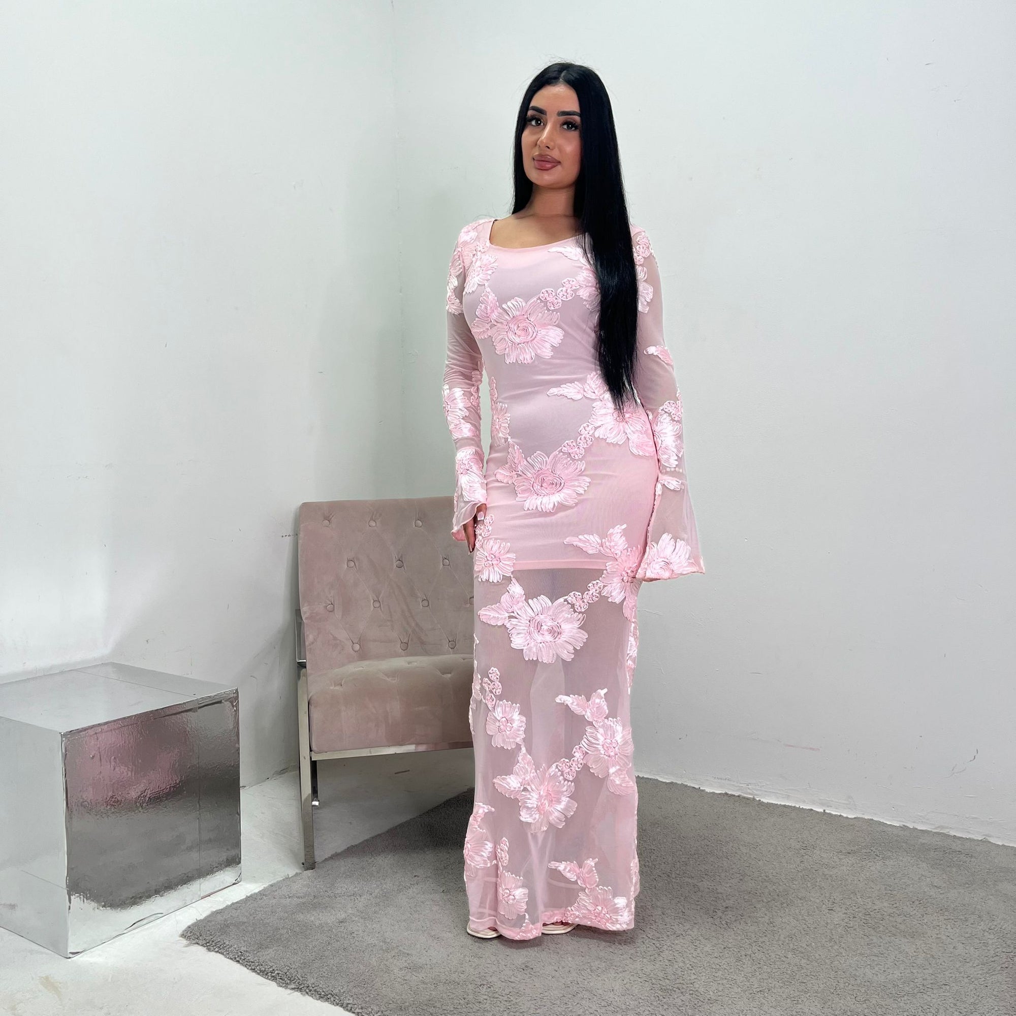 modest pink floral dress Floral Print Maxi Dress in Blush Pink With High Neckline| Oh Pretty Blush Pink / L