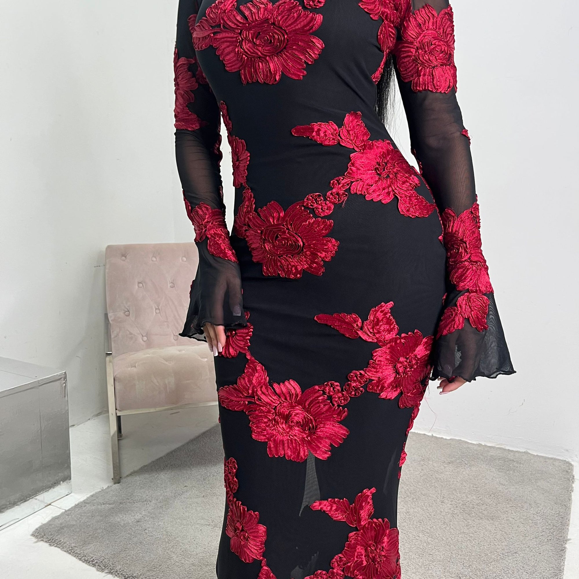 Hari Black & Red Elegant Summer Floral Lined Modest Dress Flare Sleeve House Of Haniya Hari Black & Red Elegant Summer Floral Lined Modest Dress Flare Sleeve House Of Haniya