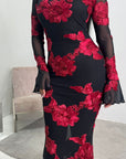 Hari Black & Red Elegant Summer Floral Lined Modest Dress Flare Sleeve