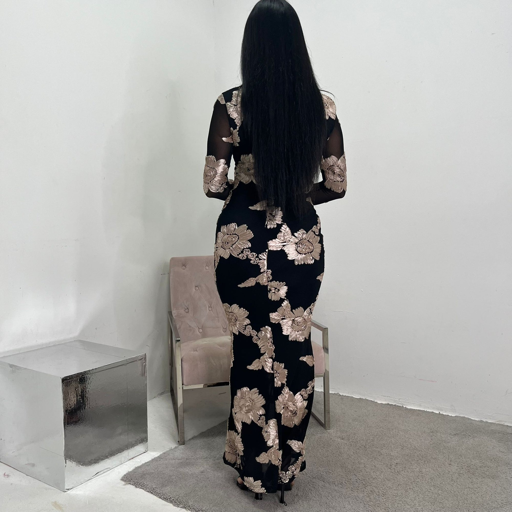 Hari Black & Gold Elegant Summer Floral Lined Modest Dress Flare Sleev House Of Haniya Hari Black & Gold Elegant Summer Floral Lined Modest Dress Flare Sleev House Of Haniya