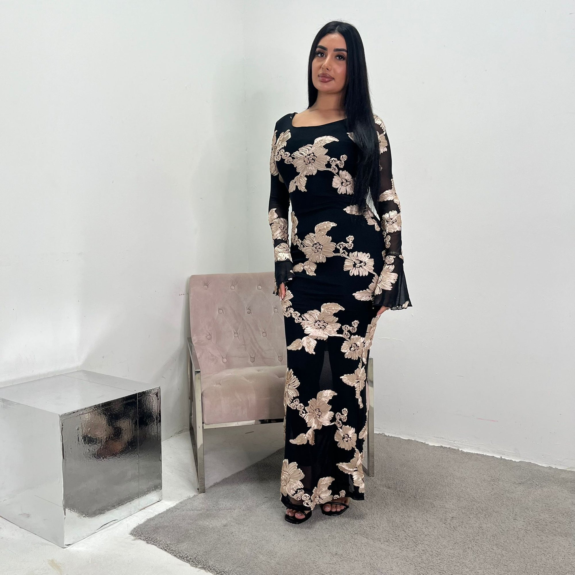 Hari Black & Gold Elegant Summer Floral Lined Modest Dress Flare Sleev House Of Haniya Hari Black & Gold Elegant Summer Floral Lined Modest Dress Flare Sleev House Of Haniya