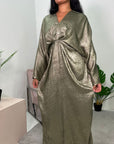 Zoya Khaki V Neck Metallic Belted Drape Dress